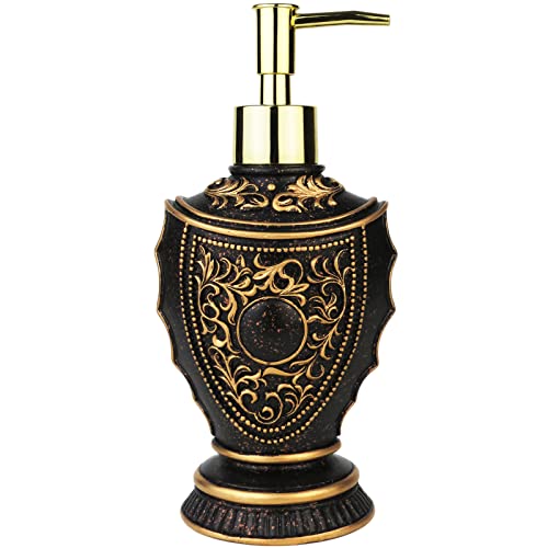 Vintage Soap Dispenser with Baroque Decor - Resin - Black and Gold Painted Lotion Dispenser for Bathrooms, Kitchen Counters, Beauty Shops, Hotels (10 oz/300 ml, Black & Gold) - Auspicious Pearl - Black