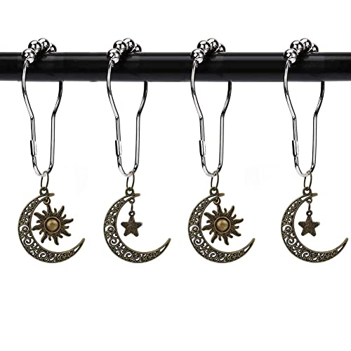 Sun Shower Curtain Hooks with Moon Stars Decor Bathroom - Rust Proof Metal Stainless Steel Curtain Rings, Decorative Shower Hook Set of 12 Gothic Rustic Modern Style Themed Decor Bedroom Bathtub