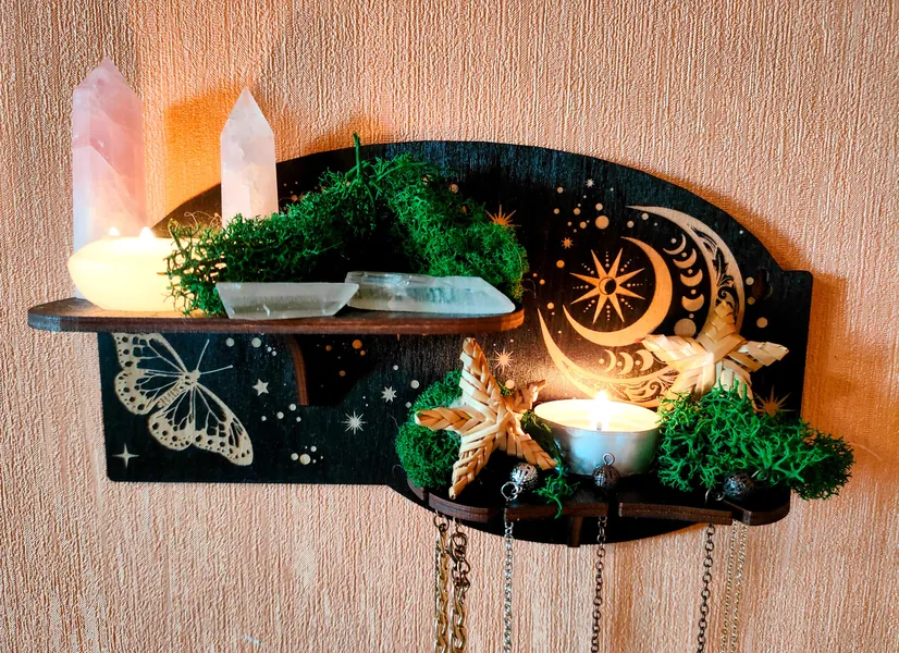 Double Magic pendulum shelf with moon, wall Crystal Altar shelf, pendulum stand,Crystal Altar with Pendulum and Necklace stand