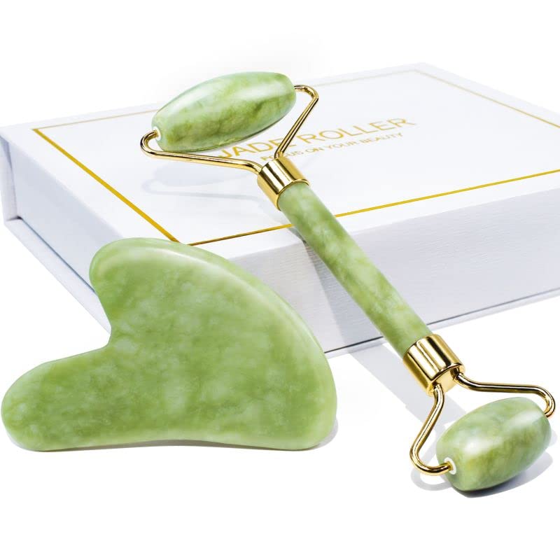 BAIMEI Jade Roller & Gua Sha Set Face Roller and Gua Sha Facial Tools for Skin Care Routine and Puffiness-Green - a-green