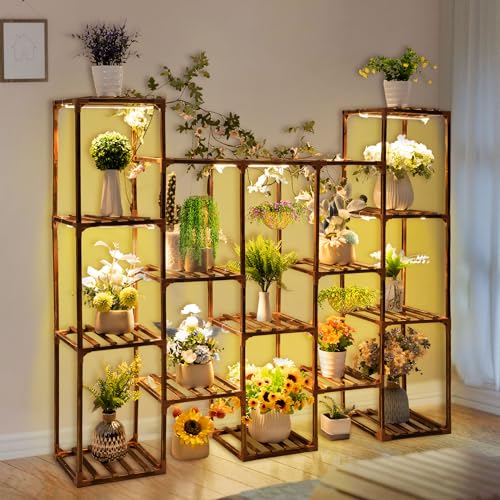 Dreyoo Plant Stand with Grow Lights, Wood Plant Shelf with Full Spectrum Grow Lamp for Indoor Corner, Vintage Multiple Tiered Flower Pot Stands Rack for Living Room Balcony Plant Display (14 Tiers) - 14 Tiers