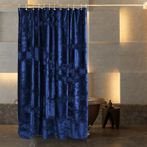 TAMGHO Velvet Shower Curtain, Royal Blue Shower Curtain for Bathroom, Luxury Shower Curtain Set with 12pc Gold Hooks, Crushed Velvet, 72x72”, Navy Blue - Navy - 72W x 72L