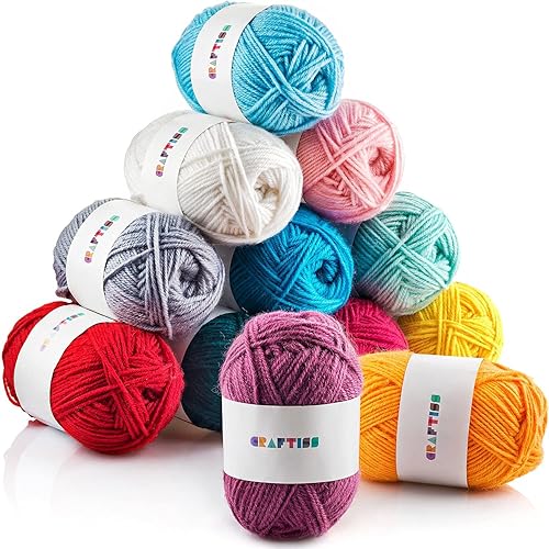 CRAFTISS 12x50g Acrylic Yarn Mini Skeins - 1300 Yards of Soft Yarn for Crocheting and Knitting Craft Project, Assorted Starter Crochet Yarn Bulk Kit for Adults and Kids - 12x50g