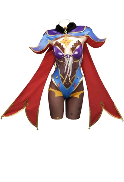 Genshin Impact Mona Purple and Black Leotard Bodysuit Separate Cloak Sleeves Cosplay Costume Full Set with Witch Hat and Leg Rings
