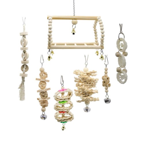 7 Pcs Wooden Bird Chewing Toy, Parrot Cage Foraging Hanging Toys for Cockatiel African Grey