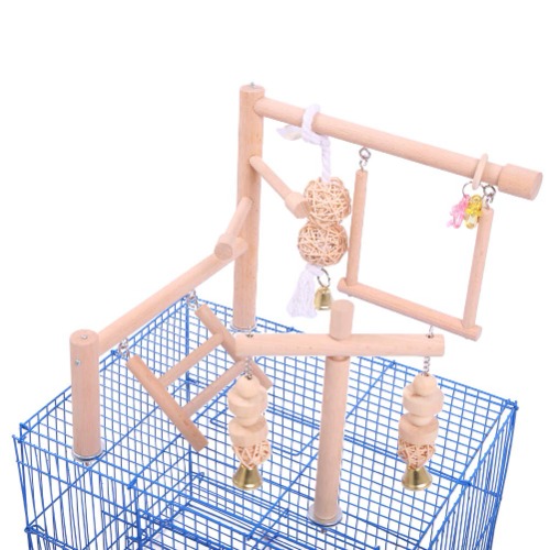 QBLEEV Bird Cage Play Stand Toy Set-Birdcage Wood Stands Hanging Chew Toys Ladder Swing Parrot Perch Play Gym Playground Accessories Activity Center for Conure, Parakeets, Budgie, Cockatiels,Lovebirds