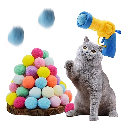 Qzsgwr Kitten Toys, Interactive Cat Toys, Cat Toy Balls with Launcher and 80 Pom-Poms Balls, Cat Toys for Indoor Cats DIY Set, for Training,Playing, Funny,Colorful,Furry,