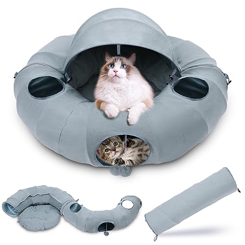 OUHOU Cat Tunnel Bed with Central Mat, Cat Tunnels for Indoor Cats with 4 Hanging Balls and 6 Peephole, Cat Donut Tunnel for Large Cats, Bunny - Green - canvas green