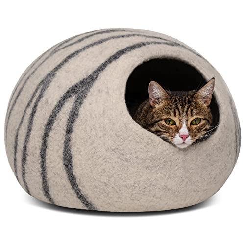 MEOWFIA Premium Felt Cat Bed Cave - Handmade 100% Merino Wool Bed for Cats and Kittens (Light Shades) (Large, Light Grey) - Large - Light Grey
