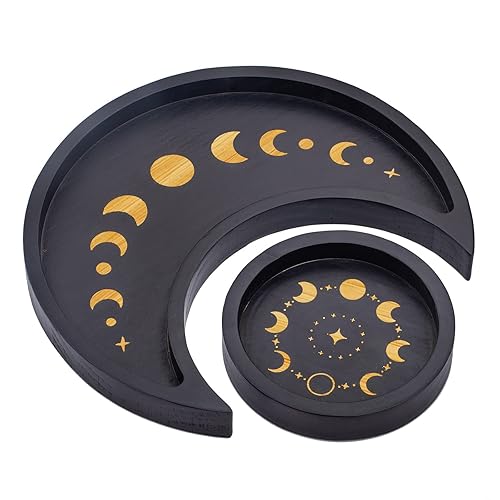 Mooncraftlogy Crescent Moon Tray Crystal Holder Set, Black Wooden Crystal Display for Stones Storage, Wicca Lunar Phases Essential Oil, Rocks Organizer for Altar Table Home