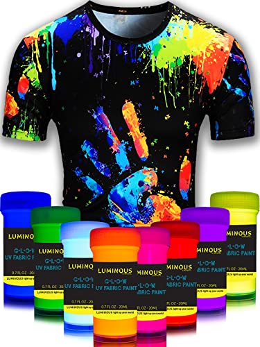 individuall Fabric Paint for Clothes - Set of 8 Neon, 20mL, Black Light Glow in The Dark Paint Colors for Clothes, Textile and Canvas - Gifts for Artists - Fabric UV Paint
