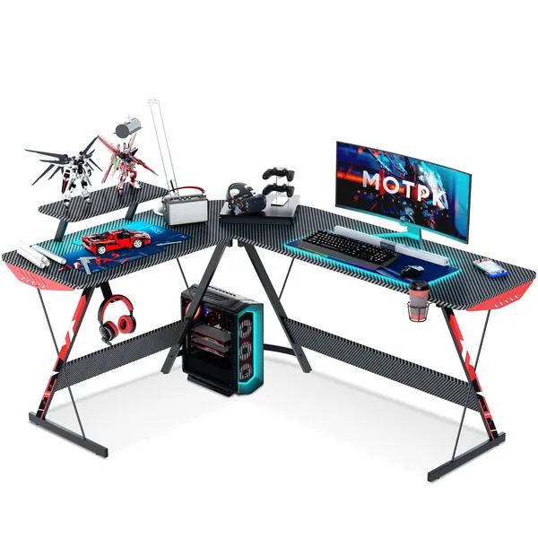 MOTPK L Shaped Gaming Desk 58 Inch, Gaming Computer Desk L Shape with Carbon Fiber Surface, Gamer Desk Gaming Table with Monitor Shelf, Cup Holder & Headphone Hook, Black - 58 inch Black