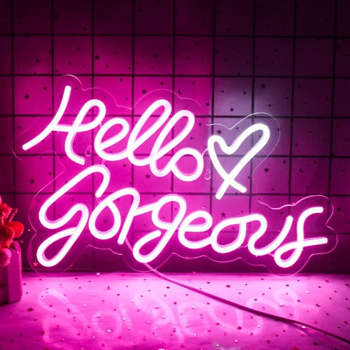 Hello gorgeous neonskylt för sovrum väggdekor, rosa neonljus bokstäver för rumsinredning, LED-skylt med USB-driven för sovsal, bröllop, present till flickor, fest
