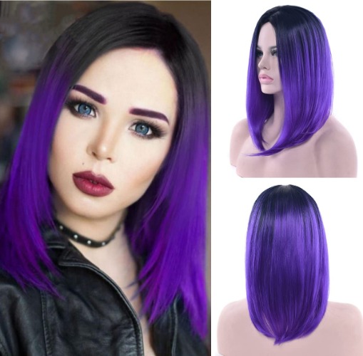 IMISSU Kort naturligt hår peruker Cosplay Peruk Ombre Färg Halloween Kostym Party Peruker för kvinnor (Svart Ombre Lila) - Svart Ombre Lila