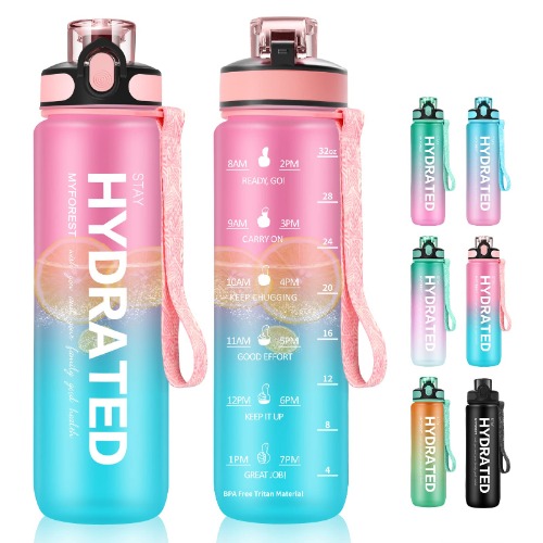 Myforest BPA-fri drickflaska på 1 liter, med sugrör och tidsmarkeringar, 1 000 ml vattenflaska för cykel, camping, yoga, gym, barn, lämplig för kolsyrade drycker - Rosa/blå