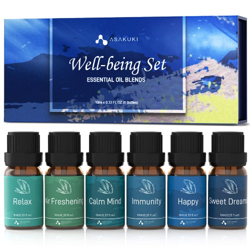 ASAKUKI Essential Oils Blends Well-being Gift Set of 6 x 10ml Theraputic Grade Aromatherapy Oils for Sleep, Breathe, Calm, Stress&Anxiety Relief, Immune Defence, Happy Ideal for Diffusers Humidifiers