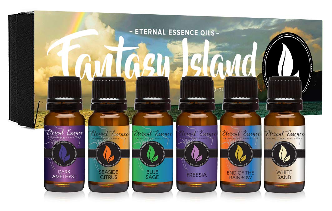 Fantasy Island - Gift Set of 6 Premium Fragrance Oils - Freesia, Dark Amethyst, Blue Sage, End of The Rainbow, White Sand, Seaside Citrus - Eternal Essence Oils
