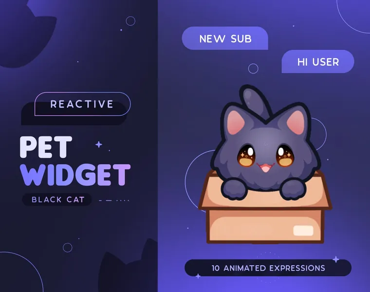 Black Cat Stream Pet | Cute Animated Cat Inside Box Mascot Twitch Widget | Reacts to Events & Custom Commands | 10 Expressions