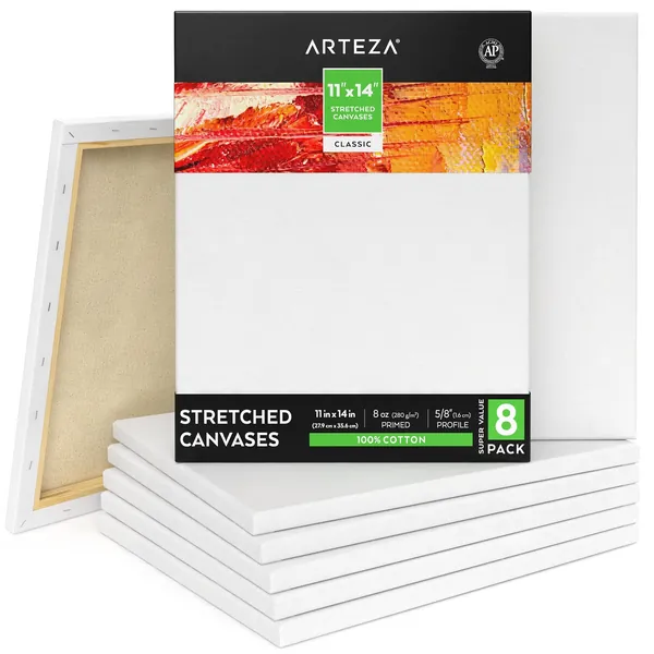Arteza 11x14 Inch Stretched Canvas, Classic Pack of 8, Primed, 100% Cotton, Art Supplies for Painting, Acrylic Pouring, Oil Paint & Wet Art Media, Canvases for Artist, Hobby Painters & Beginner