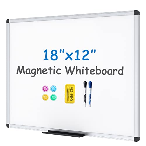 VIZ-PRO Magnetic Whiteboard/Dry Erase Board, 18 X 12 Inches, Includes 1 Eraser & 2 Markers & 4 Magnets - 18 X 12 Inches