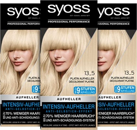 Syoss Color Coloration 13_5 Platin Aufheller Stufe 3 (3 x 157 ml), Aufheller für bis zu 9 Stufen Aufhellung, mit Anti-Gelbstich-Effekt & bis zu 70 % weniger Haarbruch* - 13_5 Platin Aufheller - 135 ml (3er Pack)