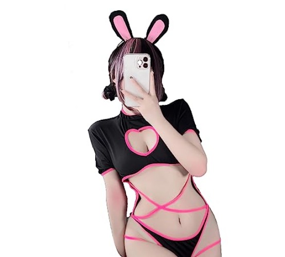 Anime Dessous Set Sexy Bunny Cosplay Kostüm Kawaii Maid Outfit Cute Bikini Heart One Piece Bodysuit - Schwarz - L-XL