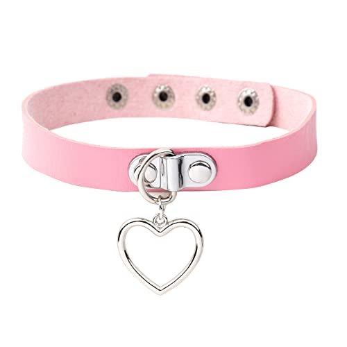 EIGSO Punk Leder Choker Halskette für Damen Herren Halsband PU Leder mit Herz Anhänger verstellbar - Rosa