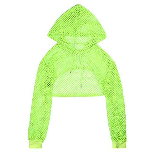 Odizli Damen Langarm Netzoberteil Bauchfreies Crop Top Sweatshirt mit Kapuze Streetwear Hip Hop Kleidung - M - Fluoreszenz Grün