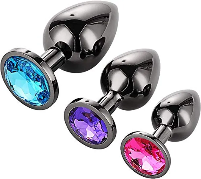 AllesCosy Analplug Buttplug 3 Stücke Set Metall Analplug Dunkel Grau/Schwarz Gunmetall Groß Medium Klein Anal Plug Sex Spielzeug Geeignet für Anfanger für Frauen Männer Paare - Blau+lila+rosa