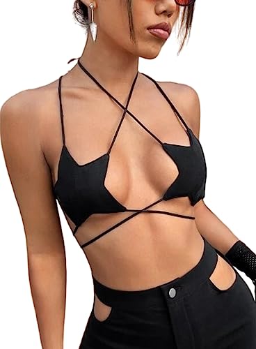 Rave Star Top Für Damen - Festival Outfit Sexy Spaghettiträger Rücken Verkreuzt Sport BH Taillenketten Nightclub Body Chain Schwarz Frauen Weste Verschiedene Tragemethoden Ärmellos Crop Tops - M - Schwarz