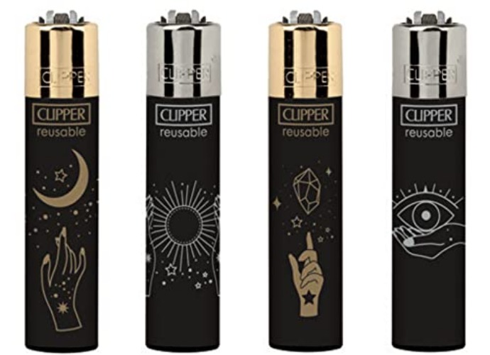 Clipper® 4er Set Fortuna Hands Lighter Flints Feuerzeug Schlüsselanhänger Flaschenöffner, Klassisch, Schwarz