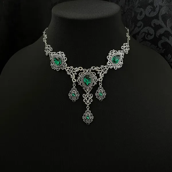 Emerald Green Gothic Victorian Goth Celtic Filigree Scroll Antique Silver Necklace Choker Pendant Wedding Bridal Medieval Renaissance