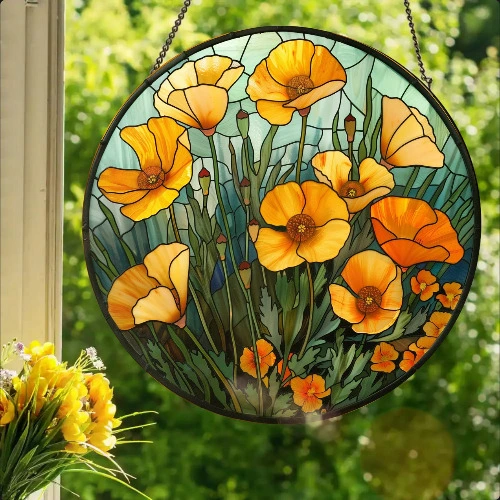California Poppies: Stained Glass Style Wall or Window Hanging 