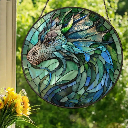 Blue Green Dragon: Stained Glass Style Wall or Window Hanging