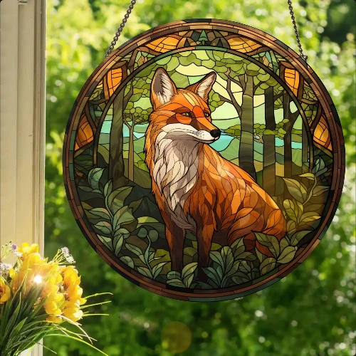 Forest Fox #4: Stained Glass Style Wall or Window Hanging 