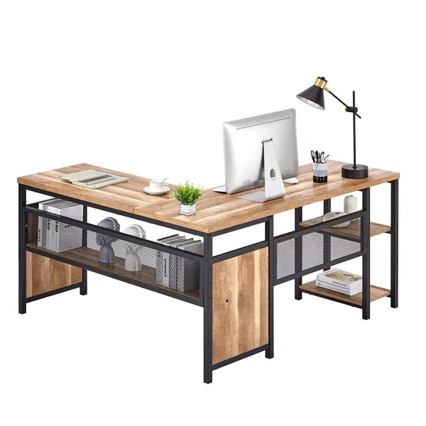 FATORRI L Shaped Computer Desk, Industrial Office Desk with Shelves, Rustic Wood and Metal Corner Desk for Home Office (Rustic Oak, 59 Inch) - Rustic Oak