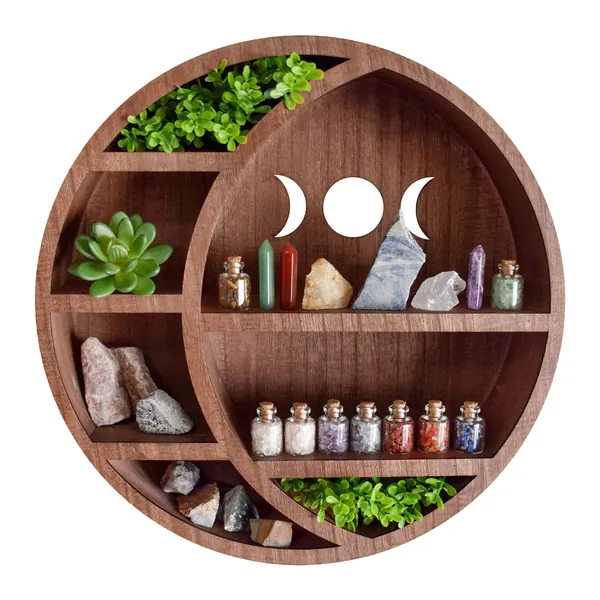 MAROQUE Crescent Moon Shelf for Crystals - Crystal Wall Decor, Crystal Shelf Display, Moon Shelves, Boho Shelves Essential Oil Shelf, Wooden Moon Shelf, Crystal Display Shelf, Moon Decor, Wiccan Decor - 