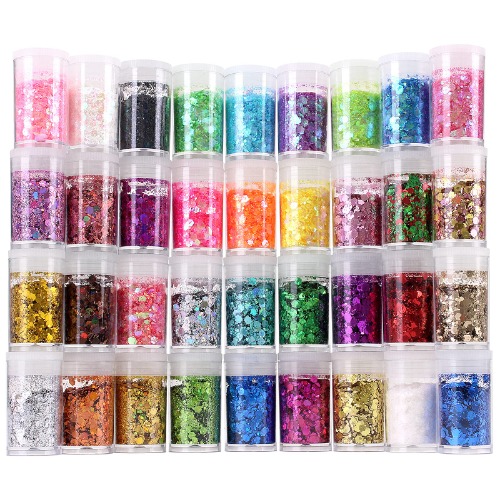 Chunky and Fine Glitter Mix, Estanoite 36 Colors Chunky Sequins & Fine Glitter Powder Mix, Iridescent Glitter Flakes, Cosmetic Makeup Glitter for Face Body Eye Nail Art, Loose Glitter for Resin Epoxy - 36 Chunky Glitter