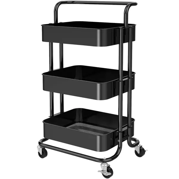 3 Tier Mesh Utility Cart, Rolling Metal Organization Cart with Handle and Lockable Wheels, Multifunctional Storage Shelves for Kitchen Living Room Office by Pipishell, Black