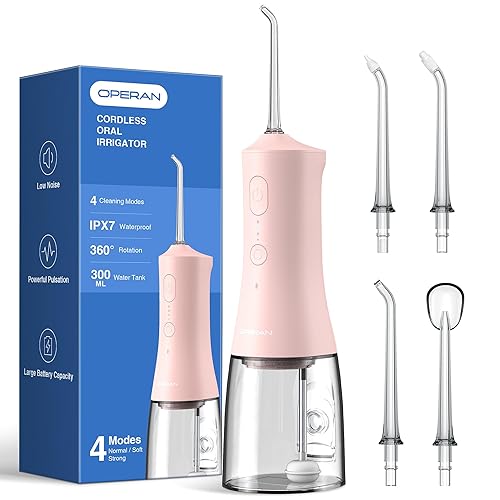 Operan Water Flossers for Teeth Cleaning Upgraded 300ml Cordless Water Dental Flossers Portable Rechargeable Oral Irrigator with 4 Modes 4 Jet Tips IPX7 Waterproof Water Floss for Home Travel(Pink) - Pink