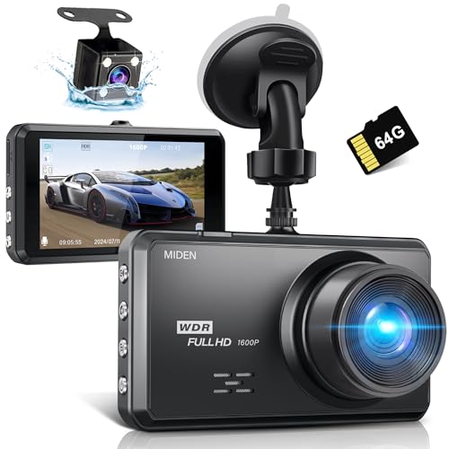 Miden S7 2.5K Dash Cam Front and Rear,64G SD Card,1600P+1080P FHD Dual Dash Camera for Cars,176°+160° Wide Angle,3.2'' IPS Screen Dashcam,G-Sensor,Loop Recording,WDR,Night Vision,24H Parking Monitor - Space Black