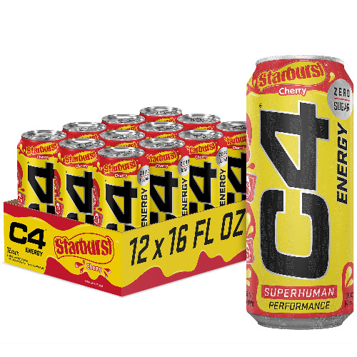 Cellucor C4 Energy Drink, Starburst Cherry, Carbonated Sugar Free Pre Workout Performance Drink with no Artificial Colors or Dyes, 16 Oz - Starburst Cherry 16 Fl Oz (Pack of 12)
