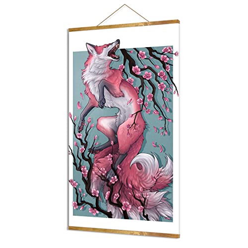 DALIHEBO Japanese Decor Wall Art - Fox And Sakura retro Poster Canvas Wall Art - For Living Room Bedroom Office Restaurant Magnetic Scroll Wooden Frame (16x27inch) Can Be Hung - Fox