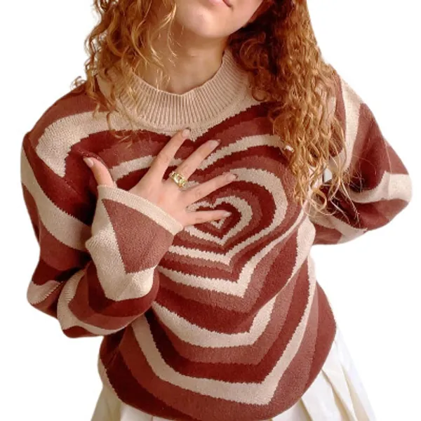 Womens Y2K Heart Sweater Long Sleeve Crewneck Vintage Pullover Tops Harajuku Knitwear 90s Streetwear