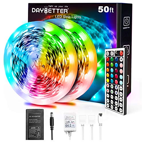 DAYBETTER Led Strip Lights 50ft, Christmas Color Changing Led Light Strip with Infrared Remote Control, 5050 RGB Strip Lighting Suitable for Christmas Decorations, Festival, Party, 12V - 50ft