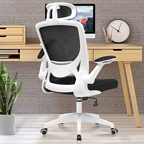 KERDOM Ergonomic Office Chair, Breathable Mesh Desk Chair, Lumbar Support Computer Chair with Headrest and Flip-up Arms, Swivel Task Chair, Adjustable Height Gaming Chair, White - White - 9060H