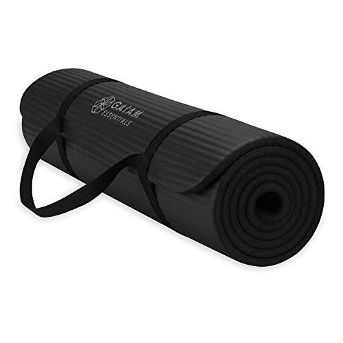 Gaiam Essentials Thick Yoga Mat Fitness & Exercise Mat with Easy-Cinch Yoga Mat Carrier Strap, 72"L x 24"W x 2/5 Inch Thick - Black