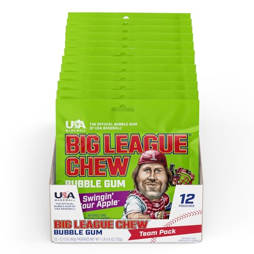 Big League Chew Swingin' Sour Apple Bubble Gum - Tart & Tangy Apple Flavor Burst | Ideal for Baseball Games, Teams, Concessions, Parties, and Beyond | Pack of 12 Bags (2.12oz Each) - Apple - 2.12 Ounce (Pack of 12)
