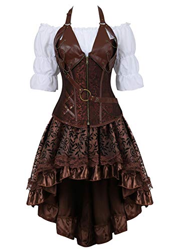 Grebrafan Steampunk Leather Corsets Bustiers Skirt Blouse Set 3 Piece Boned Corset Outfits for Women - Small - brown