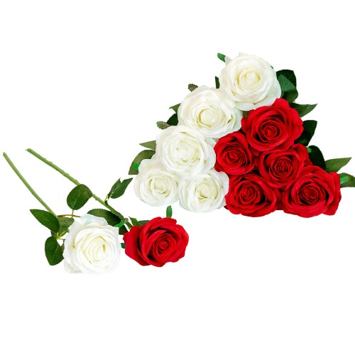Floralsecret 12pcs Artificial Flowers Realistic Silk Rose Flower Bouquet Long Stems Faux Flowers Color Mixing Home Wedding Party Decor(Red & White) - Red & White
